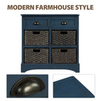 Meuble de rangement de style ferme gris clair/bleu marine antique/blanc délavé avec 2 tiroirs et 4 paniers en rotin