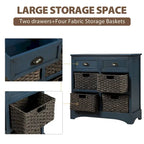 Meuble de rangement de style ferme gris clair/bleu marine antique/blanc délavé avec 2 tiroirs et 4 paniers en rotin