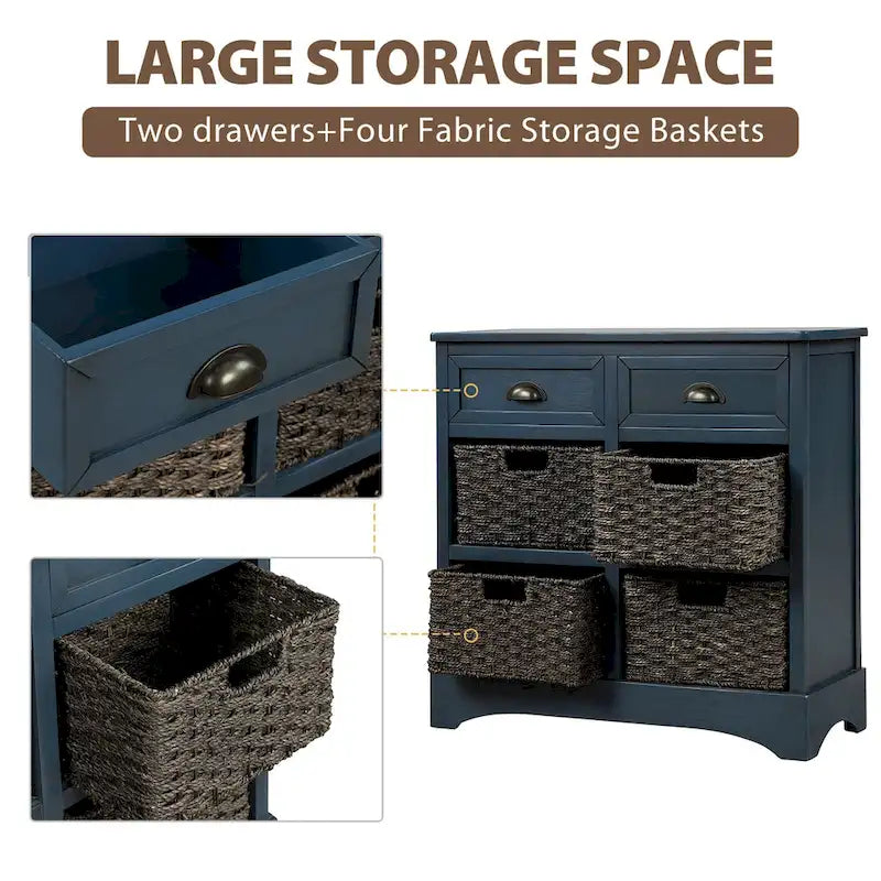 Meuble de rangement de style ferme gris clair/bleu marine antique/blanc délavé avec 2 tiroirs et 4 paniers en rotin