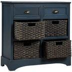 Meuble de rangement de style ferme gris clair/bleu marine antique/blanc délavé avec 2 tiroirs et 4 paniers en rotin