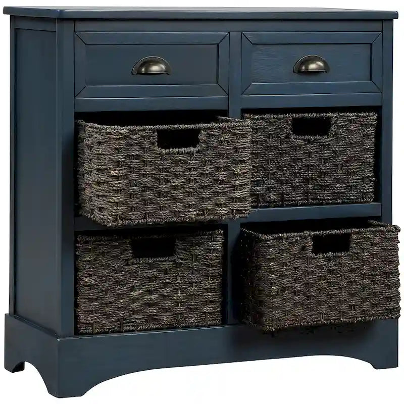 Meuble de rangement de style ferme gris clair/bleu marine antique/blanc délavé avec 2 tiroirs et 4 paniers en rotin