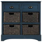 Meuble de rangement de style ferme gris clair/bleu marine antique/blanc délavé avec 2 tiroirs et 4 paniers en rotin