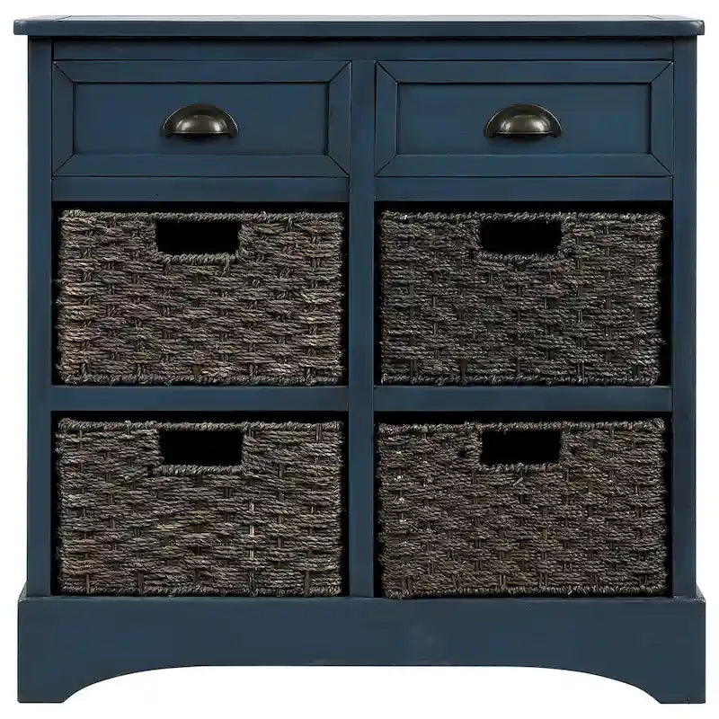 Meuble de rangement de style ferme gris clair/bleu marine antique/blanc délavé avec 2 tiroirs et 4 paniers en rotin