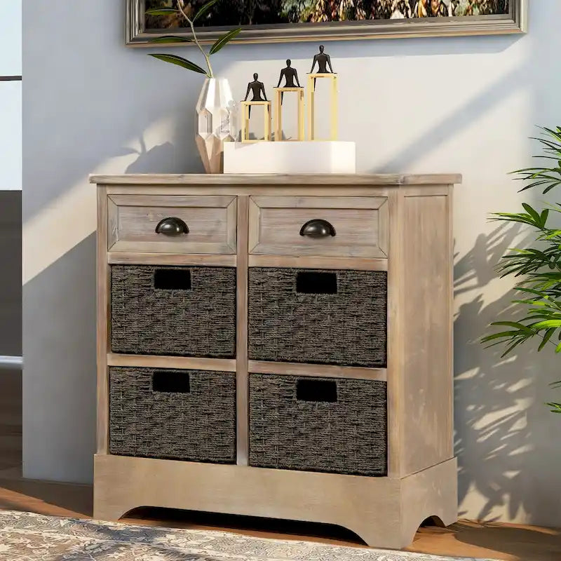 Meuble de rangement de style ferme gris clair/bleu marine antique/blanc délavé avec 2 tiroirs et 4 paniers en rotin