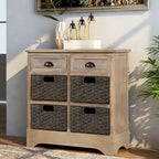 Meuble de rangement de style ferme gris clair/bleu marine antique/blanc délavé avec 2 tiroirs et 4 paniers en rotin