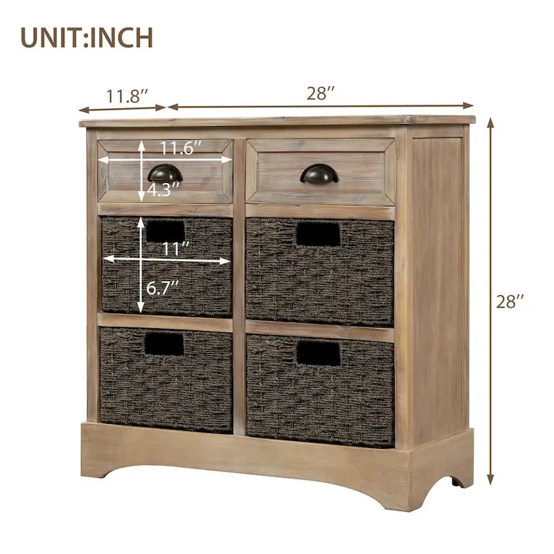 Meuble de rangement de style ferme gris clair/bleu marine antique/blanc délavé avec 2 tiroirs et 4 paniers en rotin