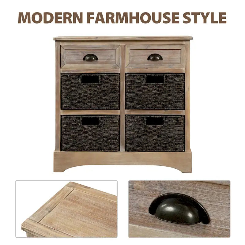 Meuble de rangement de style ferme gris clair/bleu marine antique/blanc délavé avec 2 tiroirs et 4 paniers en rotin