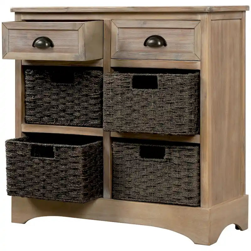 Meuble de rangement de style ferme gris clair/bleu marine antique/blanc délavé avec 2 tiroirs et 4 paniers en rotin