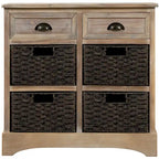Meuble de rangement de style ferme gris clair/bleu marine antique/blanc délavé avec 2 tiroirs et 4 paniers en rotin