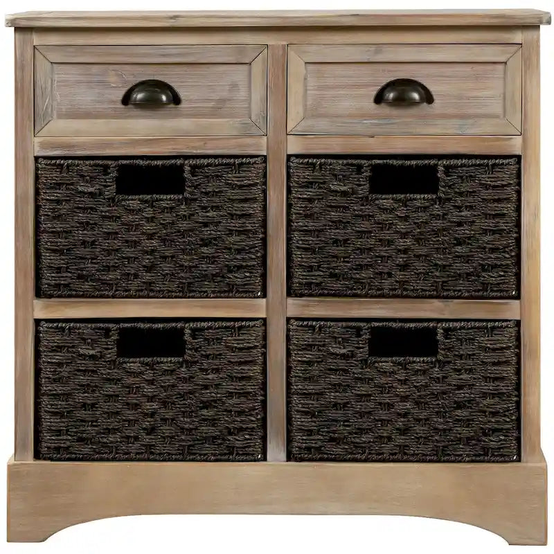 Meuble de rangement de style ferme gris clair/bleu marine antique/blanc délavé avec 2 tiroirs et 4 paniers en rotin