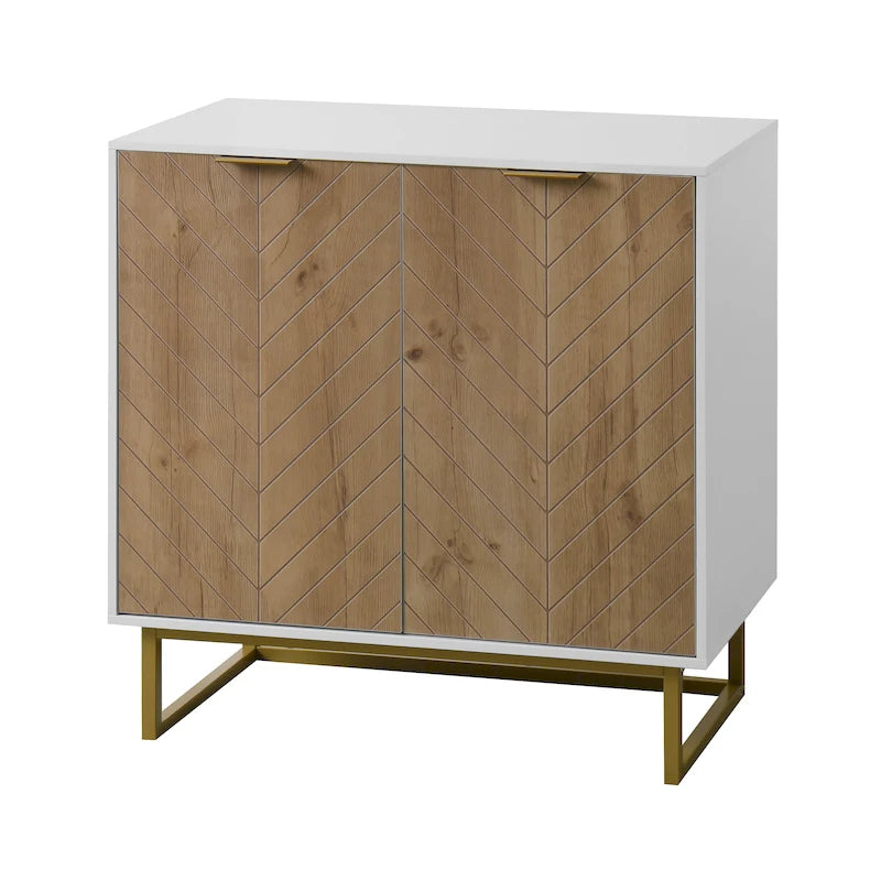 Bahut de buffet blanc à 2 portes – Bois à chevrons, poignées dorées
