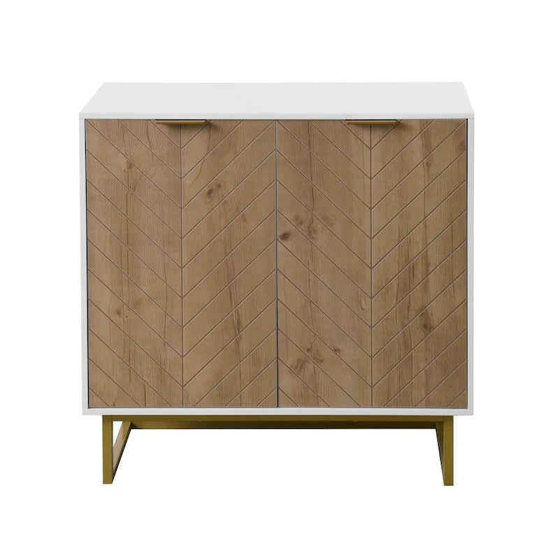 Bahut de buffet blanc à 2 portes – Bois à chevrons, poignées dorées