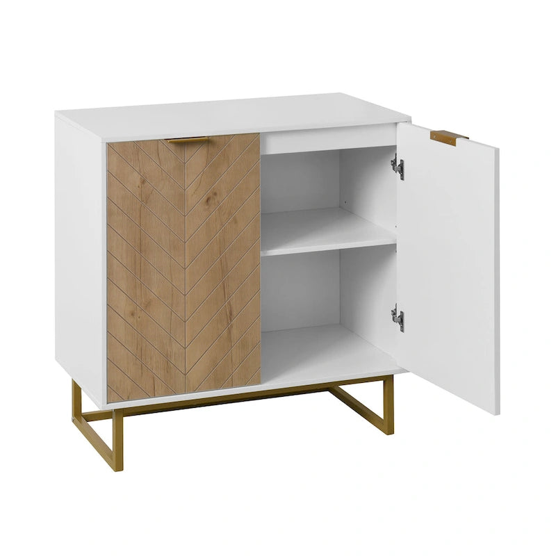 Bahut de buffet blanc à 2 portes – Bois à chevrons, poignées dorées