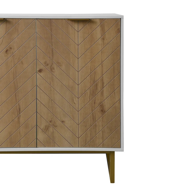Bahut de buffet blanc à 2 portes – Bois à chevrons, poignées dorées