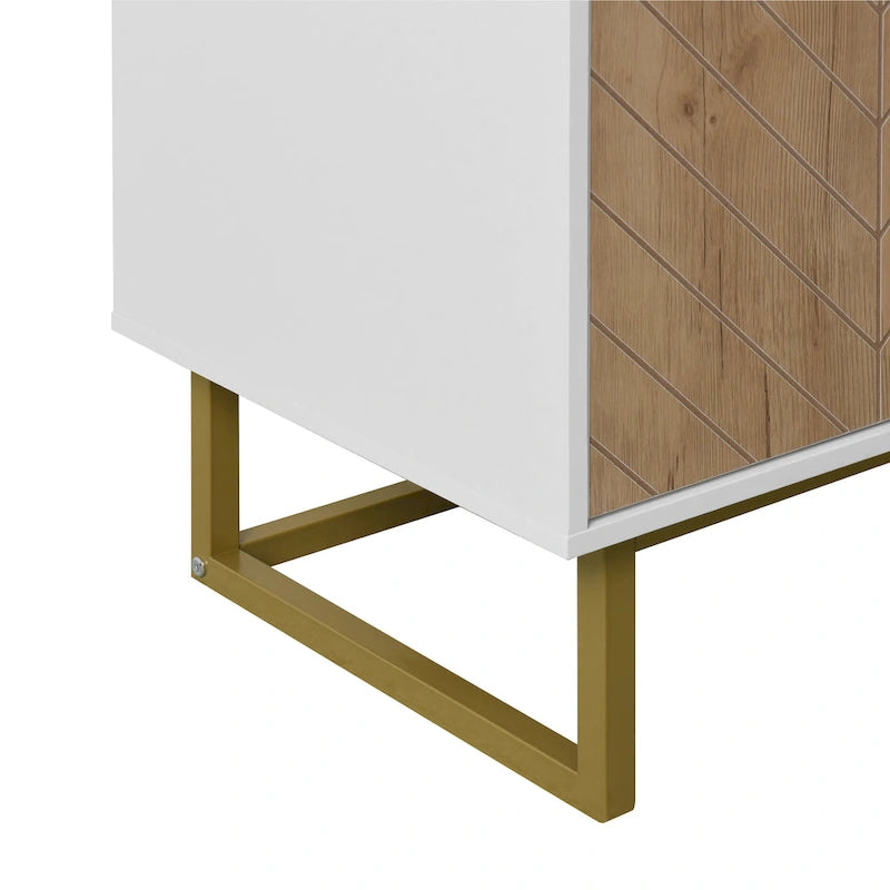 Bahut de buffet blanc à 2 portes – Bois à chevrons, poignées dorées