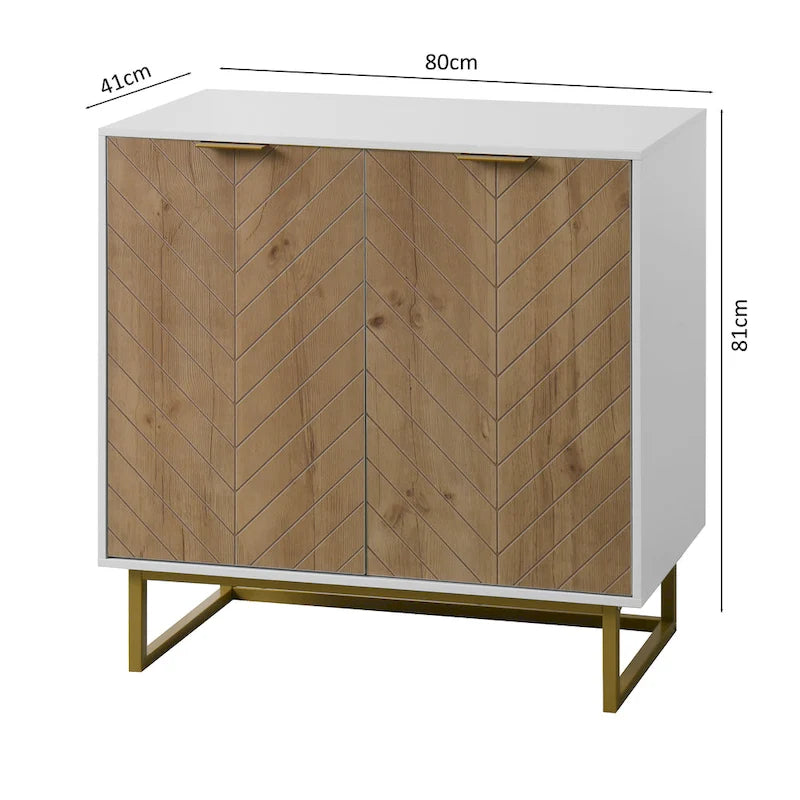 Bahut de buffet blanc à 2 portes – Bois à chevrons, poignées dorées