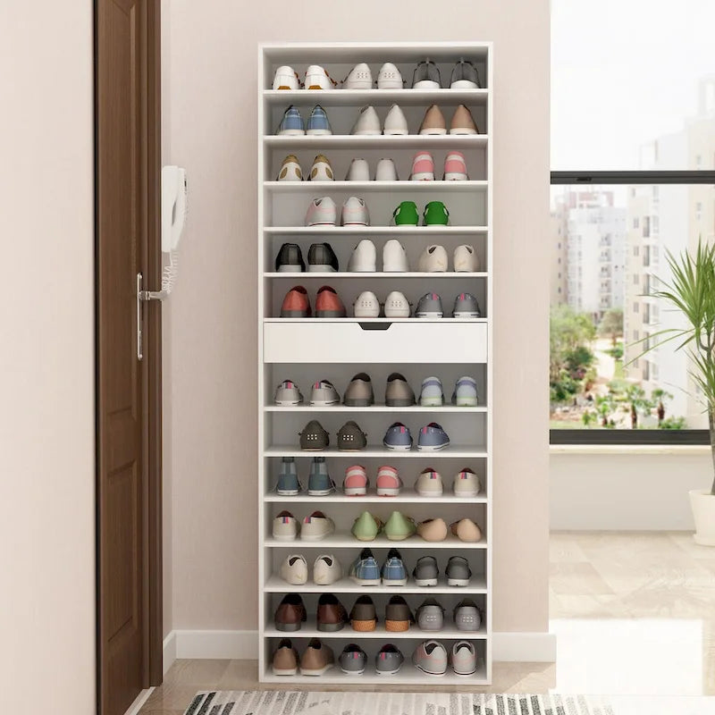 Meuble à Chaussures Haut Blanc, 13 Étagères, Peut Contenir 40 Paires