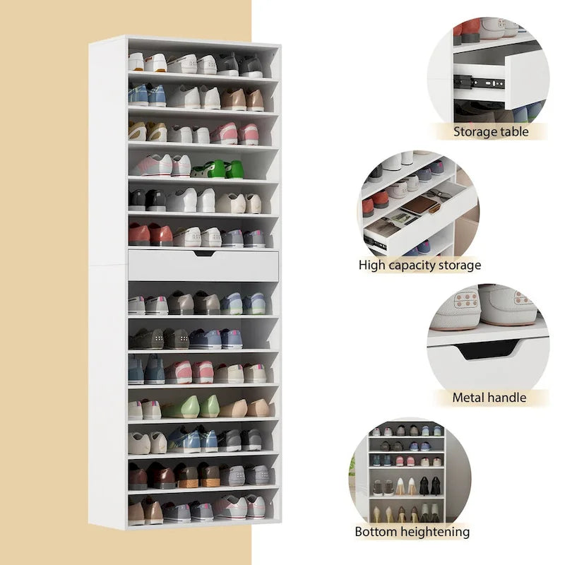 Meuble à Chaussures Haut Blanc, 13 Étagères, Peut Contenir 40 Paires