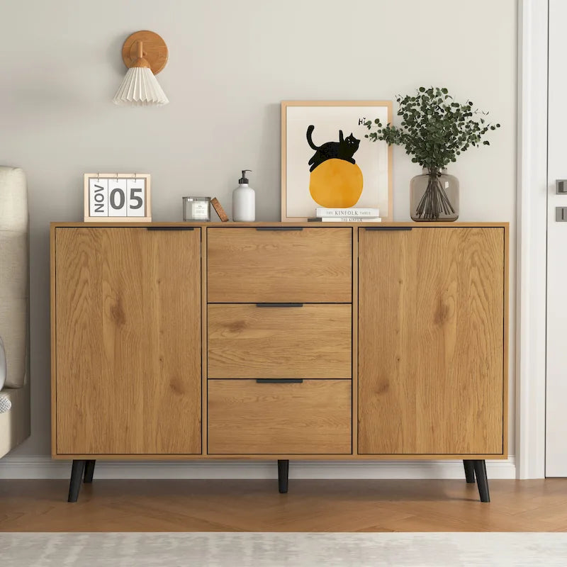 Buffet commode à 2 portes et tiroirs gris/naturel