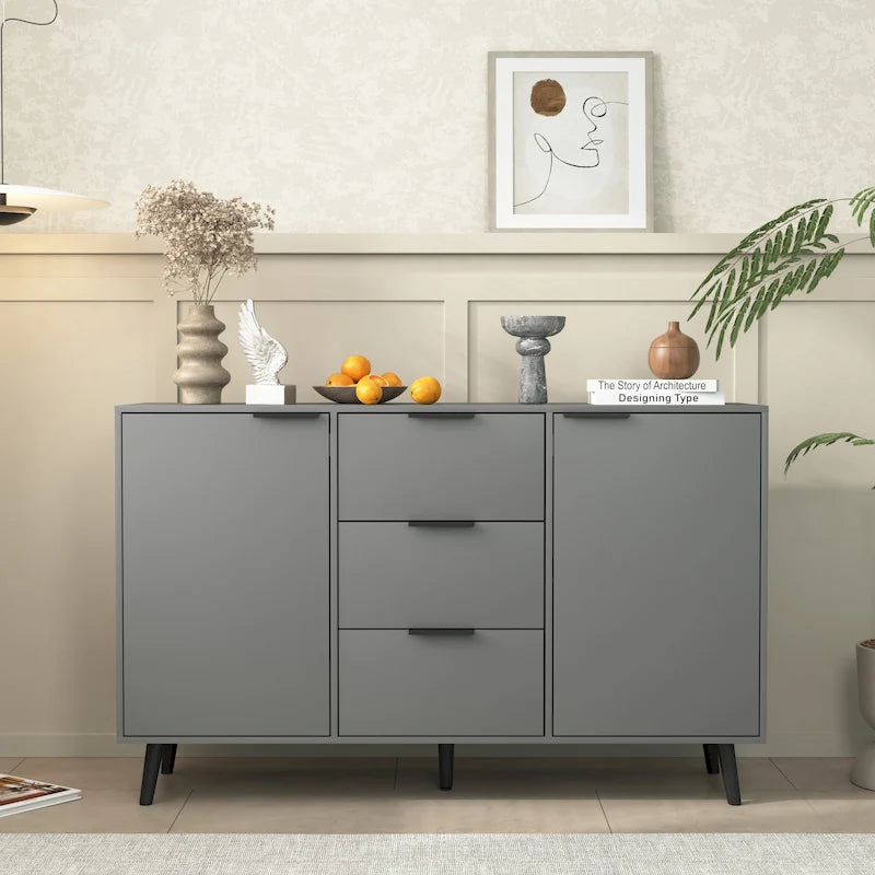 Buffet commode à 2 portes et tiroirs gris/naturel