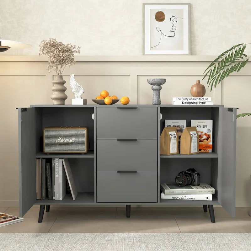 Buffet commode à 2 portes et tiroirs gris/naturel