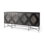 Buffet 4 portes en bois massif bicolore marron et blond – Piètement en fer argenté