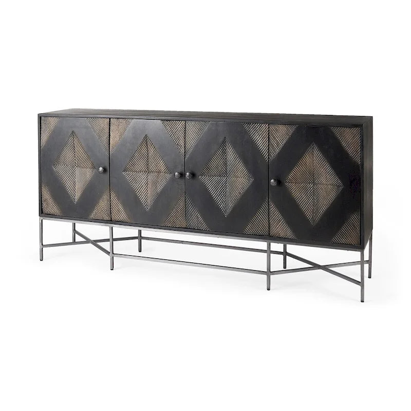 Buffet 4 portes en bois massif bicolore marron et blond – Piètement en fer argenté