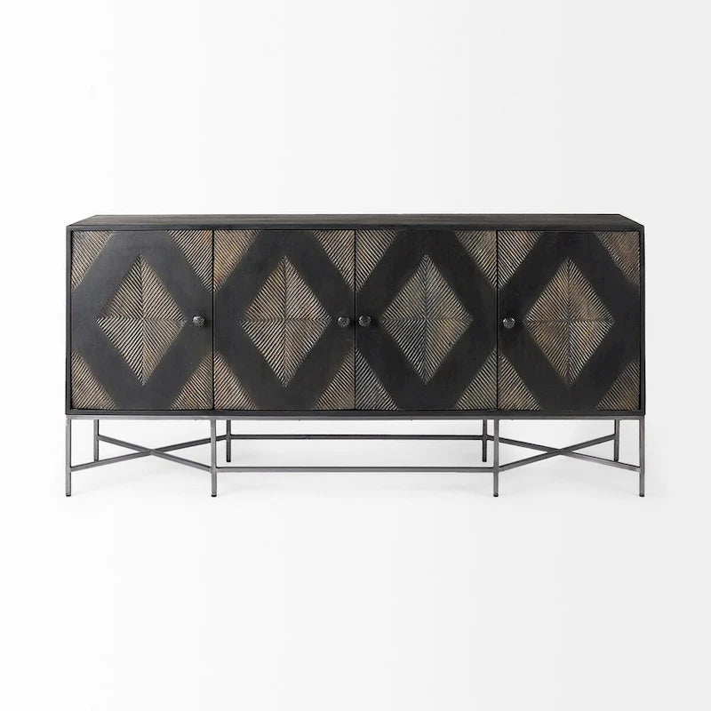 Buffet 4 portes en bois massif bicolore marron et blond – Piètement en fer argenté