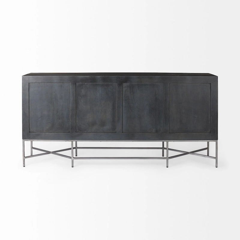 Buffet 4 portes en bois massif bicolore marron et blond – Piètement en fer argenté