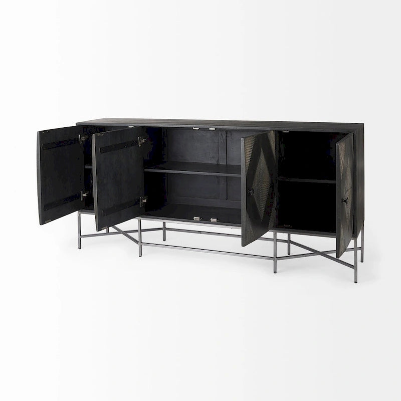 Buffet 4 portes en bois massif bicolore marron et blond – Piètement en fer argenté