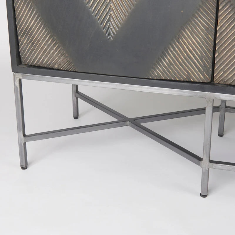 Buffet 4 portes en bois massif bicolore marron et blond – Piètement en fer argenté