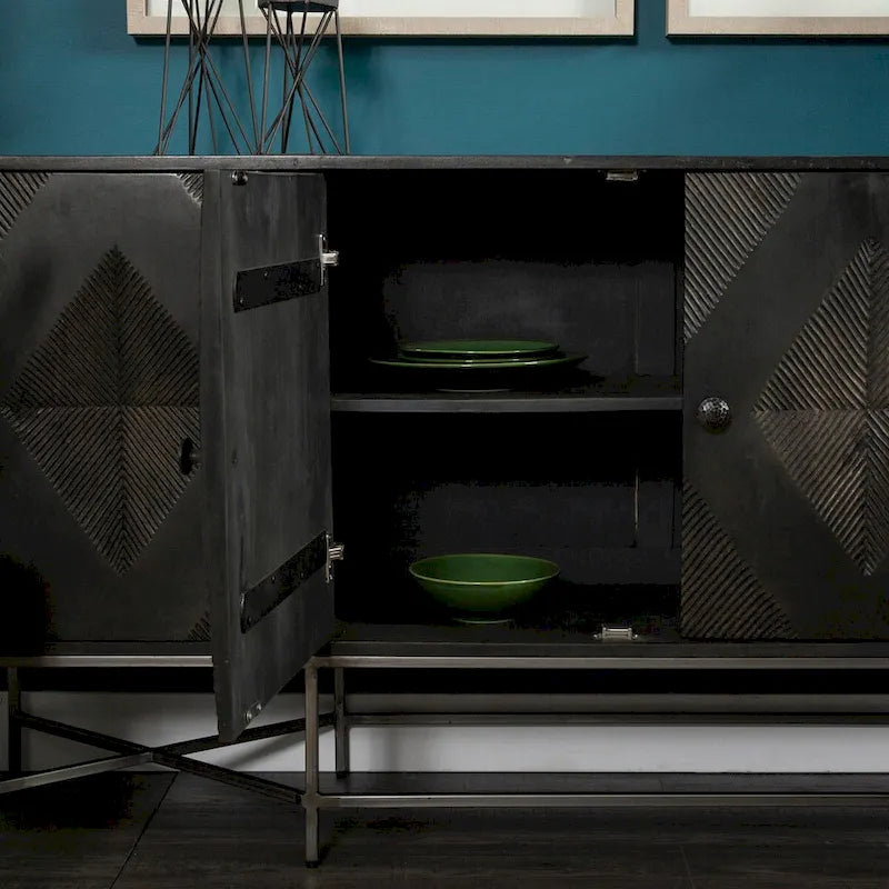 Buffet 4 portes en bois massif bicolore marron et blond – Piètement en fer argenté