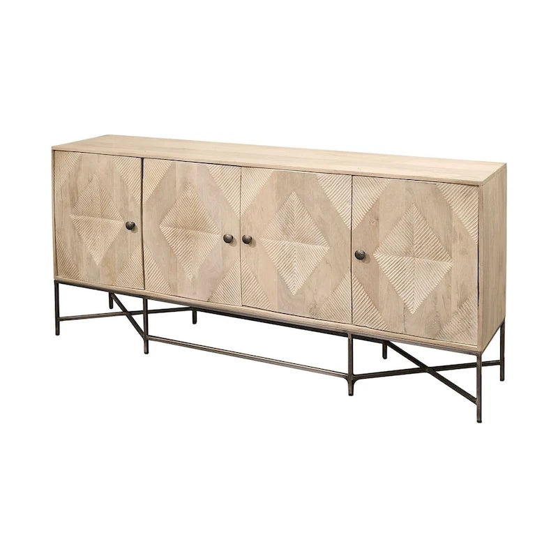 Buffet 4 portes en bois massif bicolore marron et blond – Piètement en fer argenté