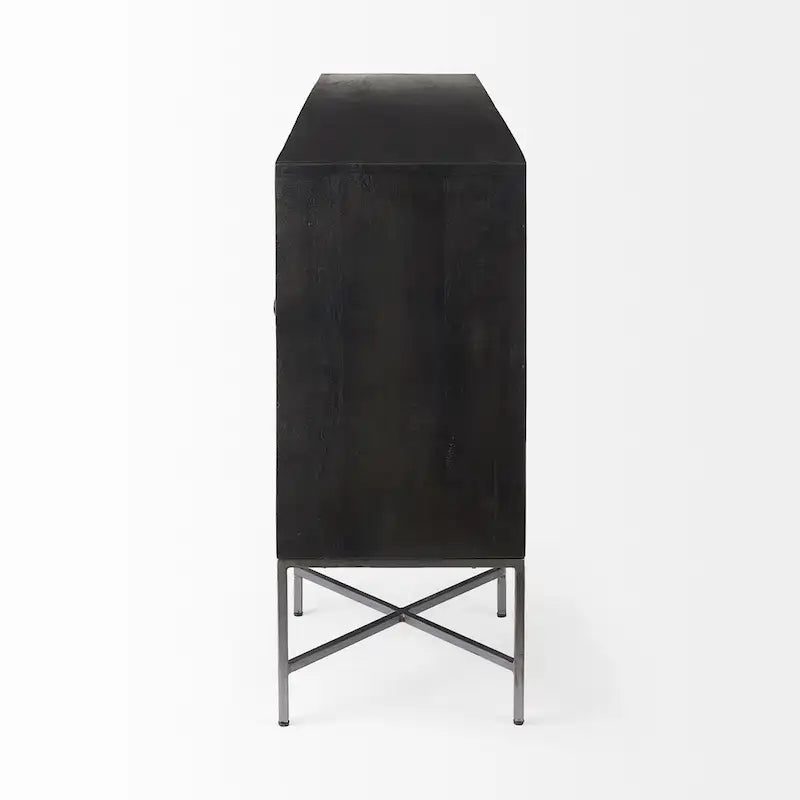 Buffet 4 portes en bois massif bicolore marron et blond – Piètement en fer argenté