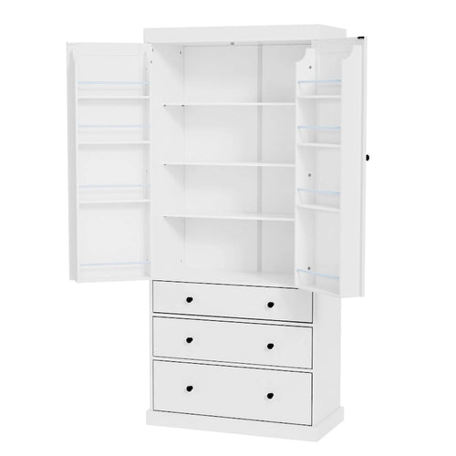77inch Kitchen Pantry, Freestanding Tall Cupboard Storage Cabinet with 3 Adjustable Shelves,8 Door Shelves,3 Drawers for Kitchen