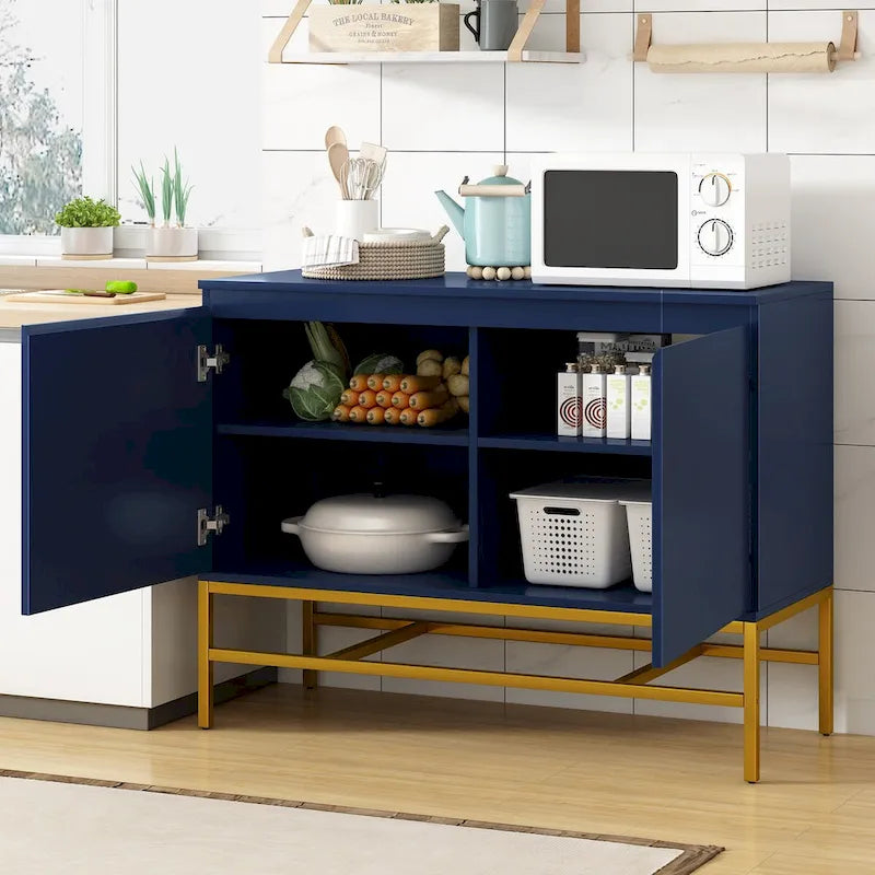 Buffet deux portes bleu marine et noir avec pieds en métal doré