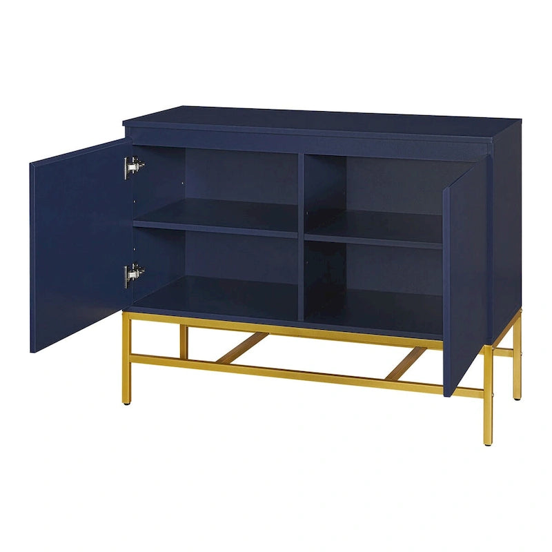 Buffet deux portes bleu marine et noir avec pieds en métal doré