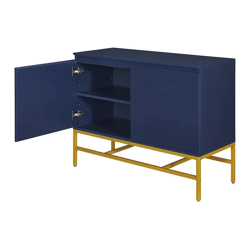 Buffet deux portes bleu marine et noir avec pieds en métal doré