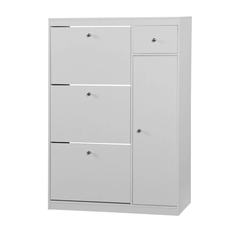 Meuble à chaussures étroit blanc avec 3 tiroirs basculants et étagère latérale, peut contenir plus de 20 paires