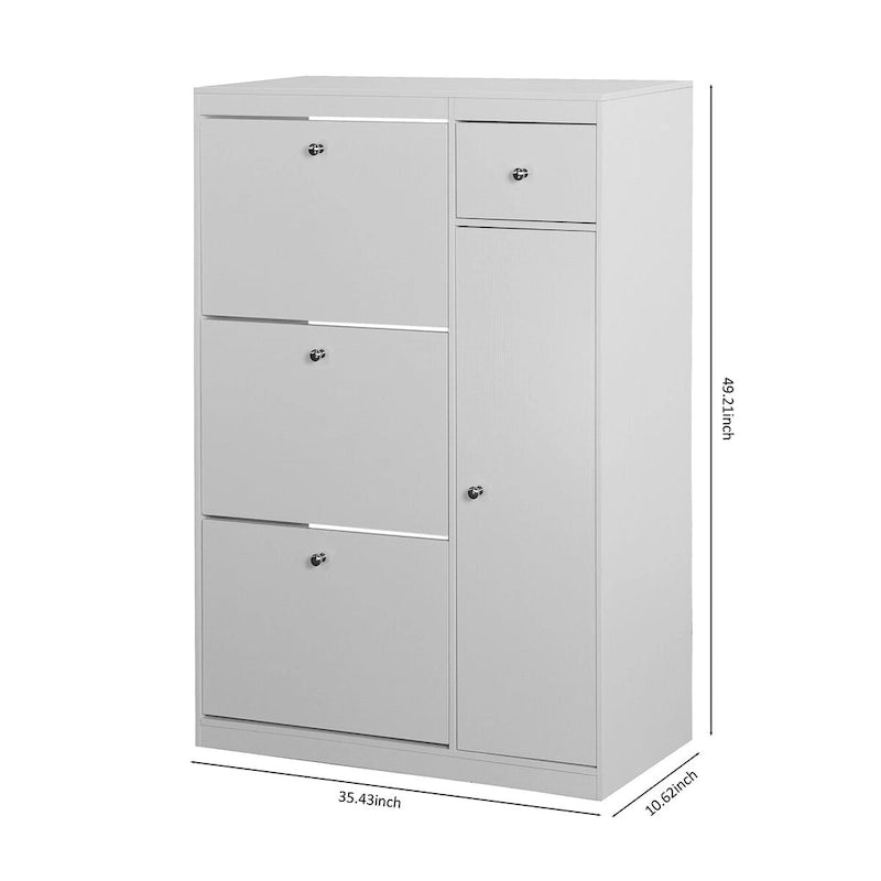 Meuble à chaussures étroit blanc avec 3 tiroirs basculants et étagère latérale, peut contenir plus de 20 paires