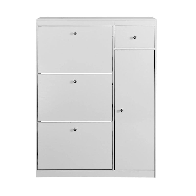 Meuble à chaussures étroit blanc avec 3 tiroirs basculants et étagère latérale, peut contenir plus de 20 paires