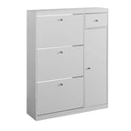 Meuble à chaussures étroit blanc avec 3 tiroirs basculants et étagère latérale, peut contenir plus de 20 paires
