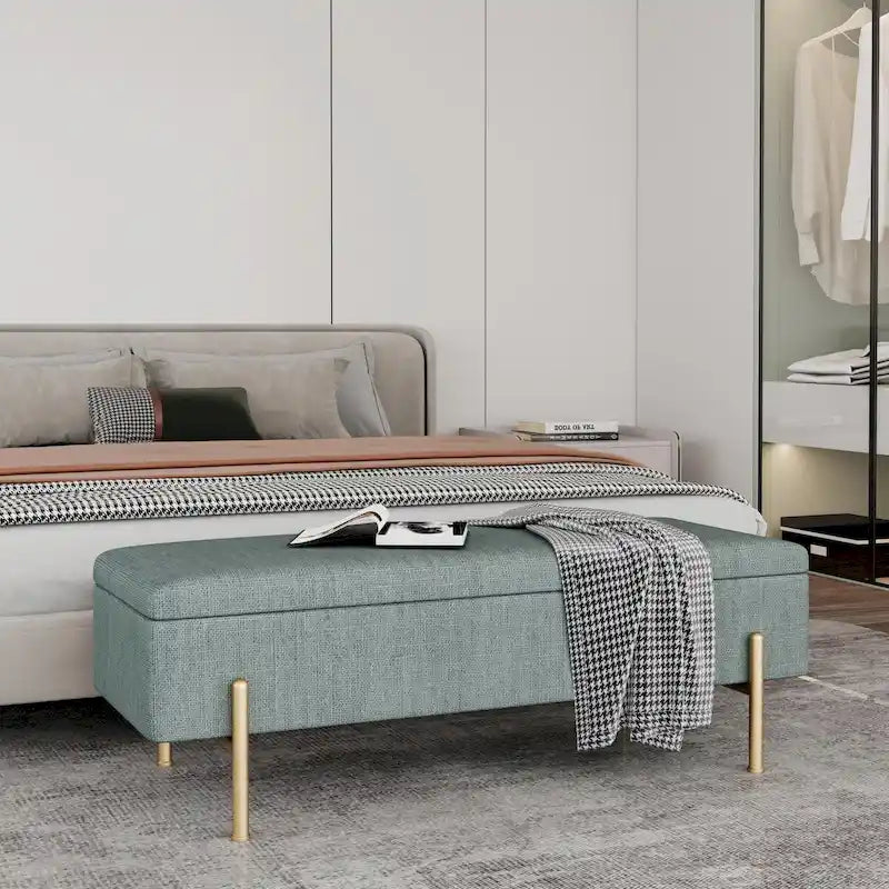 Banc de rangement chenille vert avec pieds dorés, 1 place