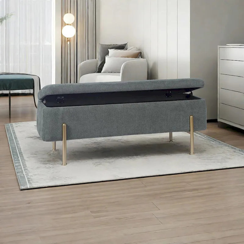 Banc de rangement chenille vert avec pieds dorés, 1 place