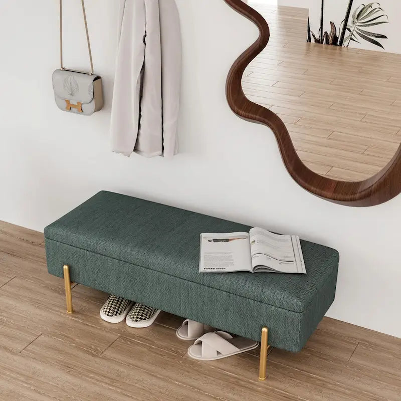 Banc de rangement chenille vert avec pieds dorés, 1 place