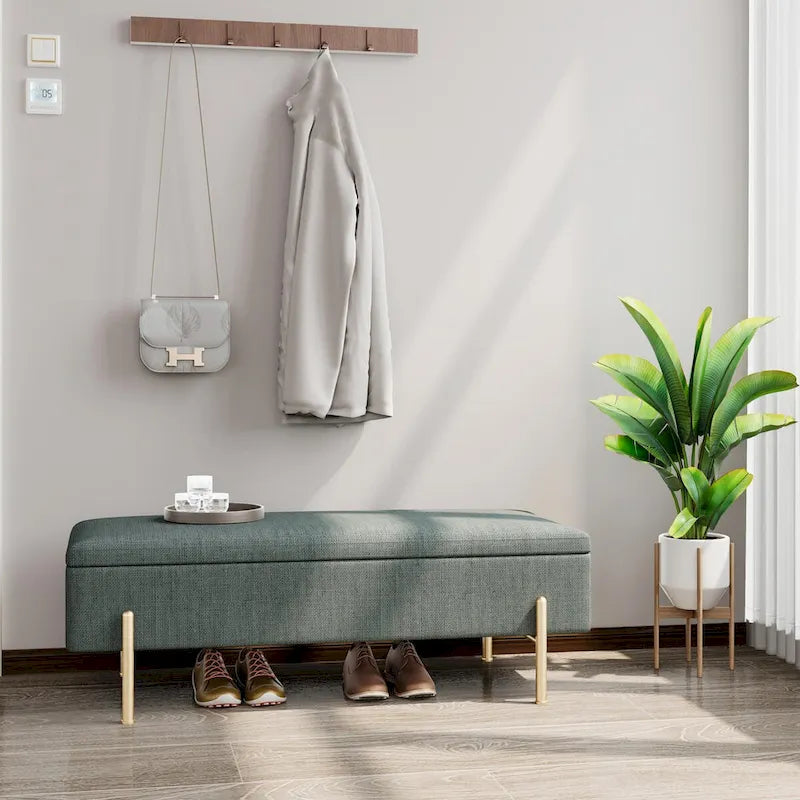 Banc de rangement chenille vert avec pieds dorés, 1 place