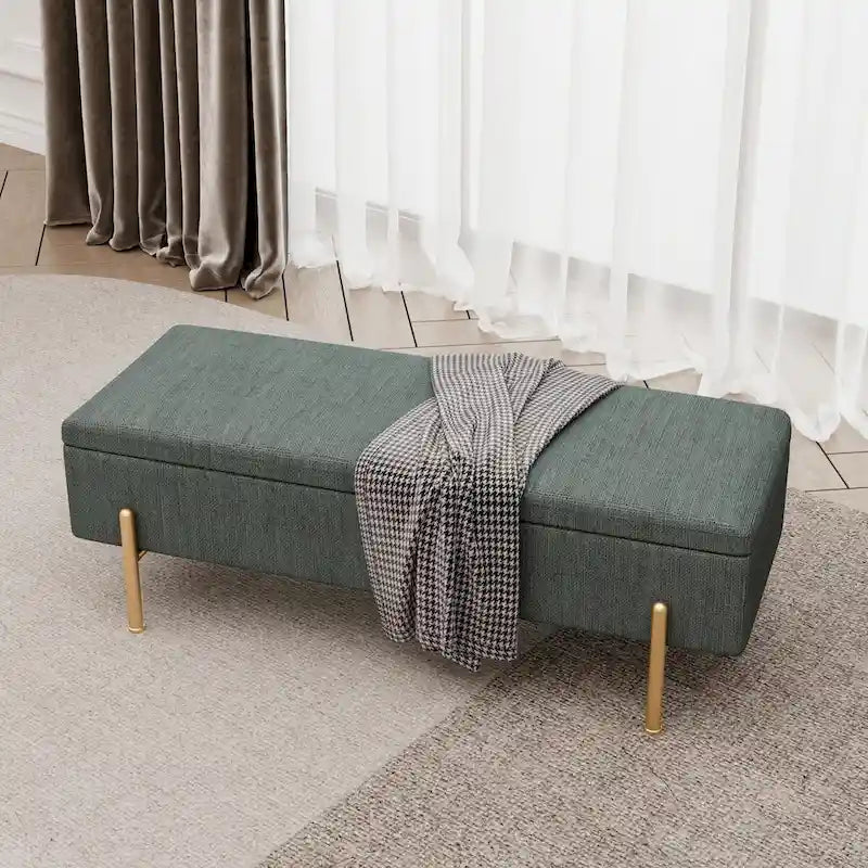 Banc de rangement chenille vert avec pieds dorés, 1 place