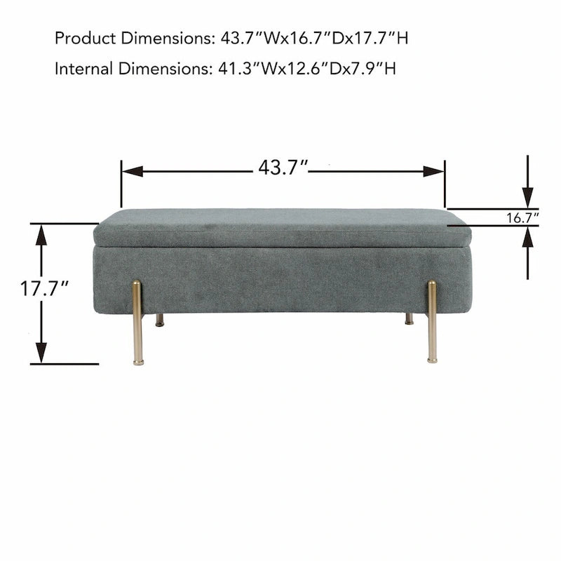 Banc de rangement chenille vert avec pieds dorés, 1 place