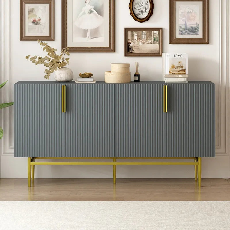Buffet 4 portes gris / noir / blanc avec poignées en métal doré – Meuble simple