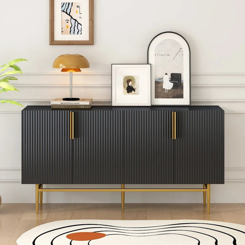 Buffet 4 portes gris / noir / blanc avec poignées en métal doré – Meuble simple